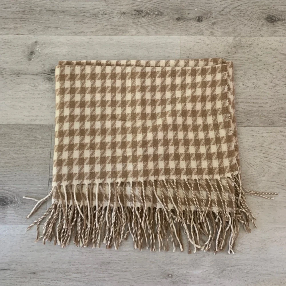 Talbots Houndstooth Wool Blend Scarf Tan Cream Made in Italy Fringe Trim